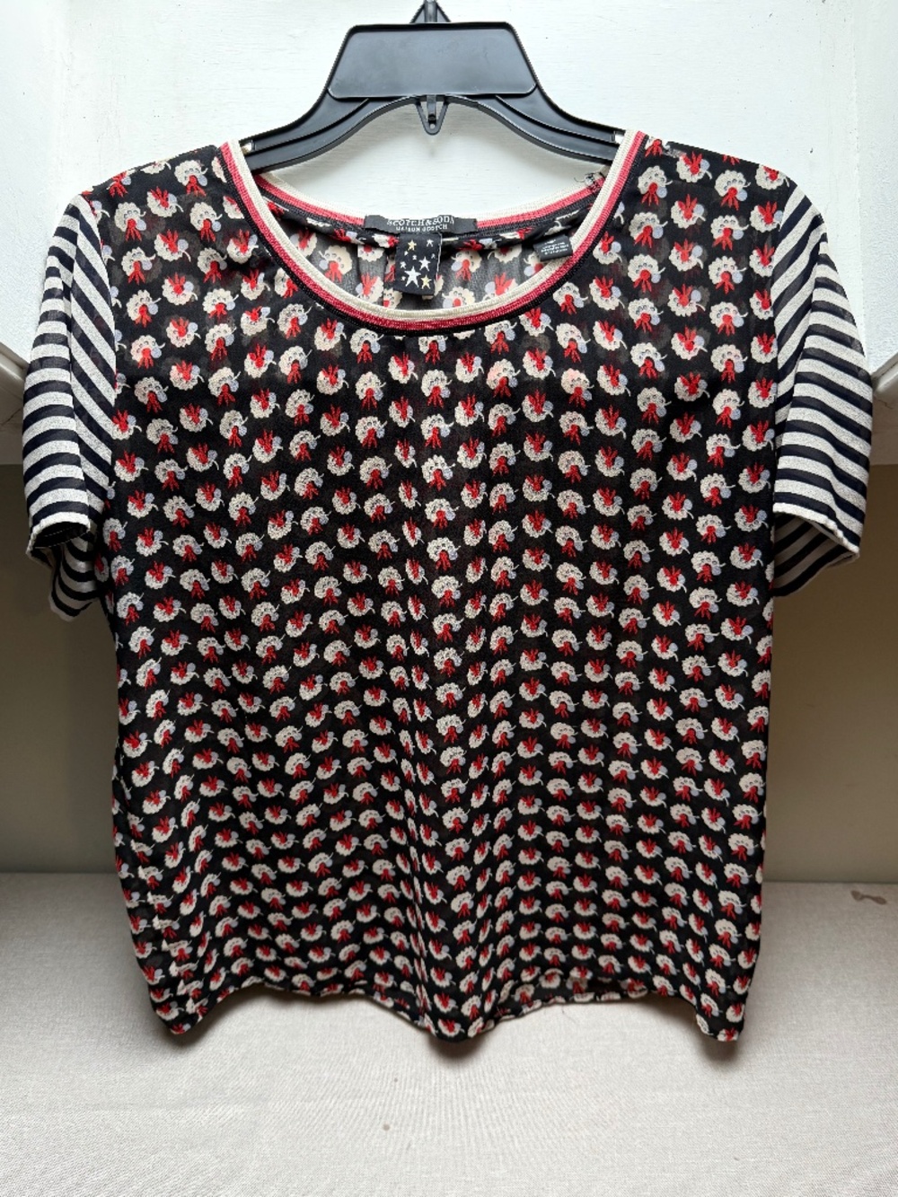 Scotch & Soda Maison Scotch Semi Sheer Print Top Tee Size 2 Transitional